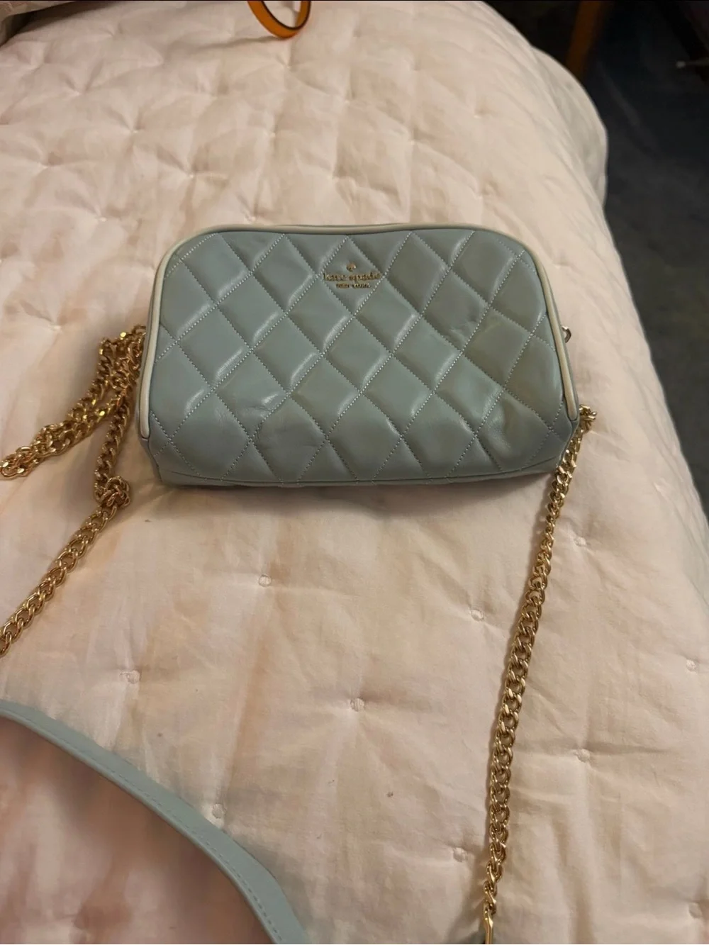 kate spade Quilted Crossbody Bag in Pale Blue with Gold Chain